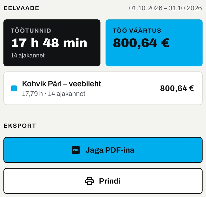 Aruande eelvaade perioodi 01.10.2026 – 31.10.2026 kohta: töötunnid 17 h 48 min, 14 ajakannet, töö väärtus 800,64 €, nupud „Jaga PDF-ina“ ja „Prindi“.