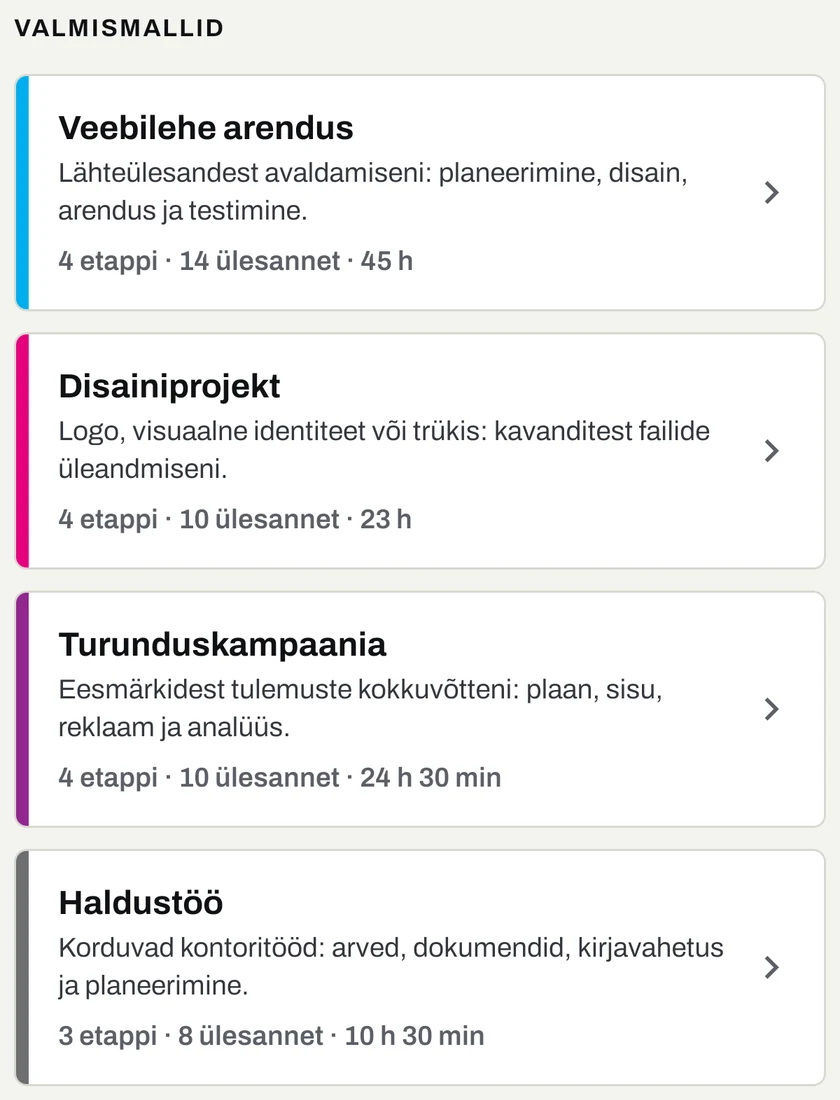 Projektimallid: Veebilehe arendus, Disainiprojekt, Turunduskampaania ja Haldustöö koos etappide, ülesannete ja hinnangulise ajaga.